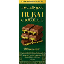 Load image into Gallery viewer, Five Vegans Naturally Good Dubai inspired mylk chocolate bar with pistachio creme filling and gluten free crunch.