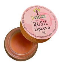 Load image into Gallery viewer, Five Vegans DVegan Rosie Lip Love tinted lip balm in a small jar with a bamboo lid, featuring plant-based ingredients.