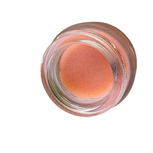 Load image into Gallery viewer, Five Vegans Envirobren DVegan Rosie Lip Love tinted balm in a glass jar resting on a green leaf.
