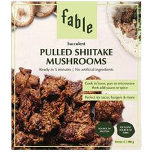 Load image into Gallery viewer, Five Vegans Fable pulled shiitake mushroom plant-based protein packaging with serving suggestion for tacos
