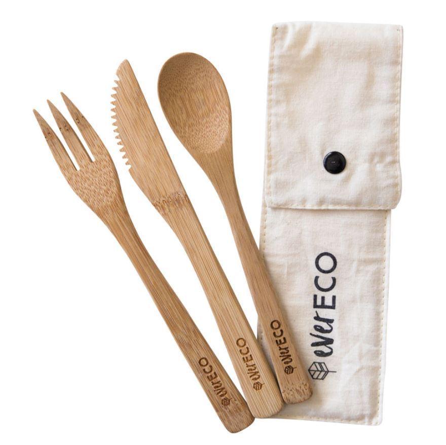Ever Eco Bamboo Cutlery Kitchen Set Travel Spoon Fork Knife Serving Utensils